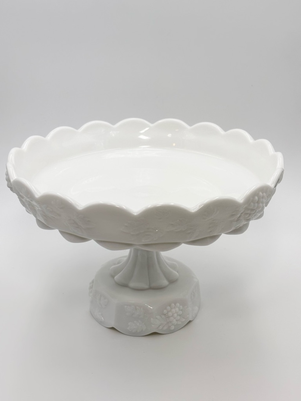 White Embossed Milk Glass Pedestal Cake Stand 9"